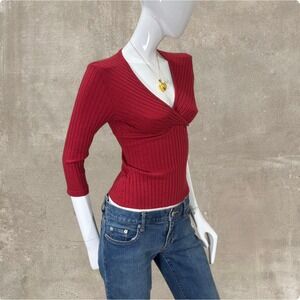 Y2K Wet Seal Red Ribbed Wrap Top Babydoll Fitted Stretch Knit 3/4 Sleeve XS/S